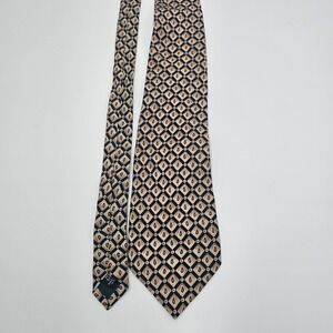 Brookcraft Silk Tie Handmade in Italy Geometric Diamond Pattern Navy Tan Vintage